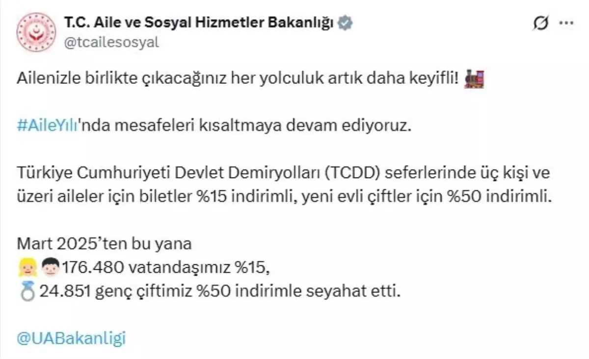 Aile Yılı’nda Tren Biletlerinde İndirim
